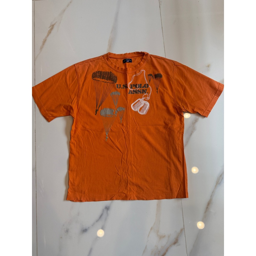 US‎ Polo Assn Mens Orange Graphic T-Shirt Paratrooper Dog Tags Distressed Large